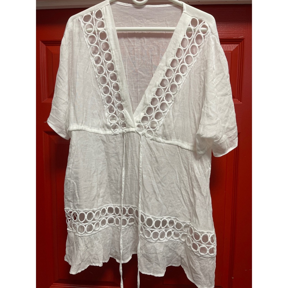 Shein White Crochet Eyelet V-Neck Swim Cover Up Dress Large sz2602091739060